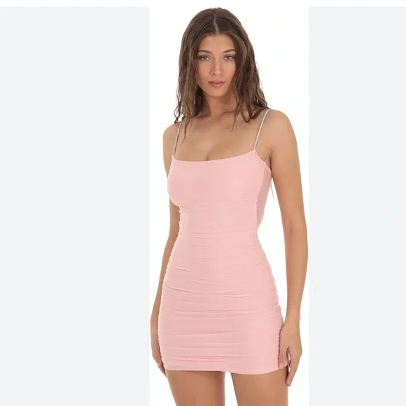 Lucy in the Sky Marsha Rhinestone Blush Pink Ruched Bodycon Mini Dress - Picture 2 of 8